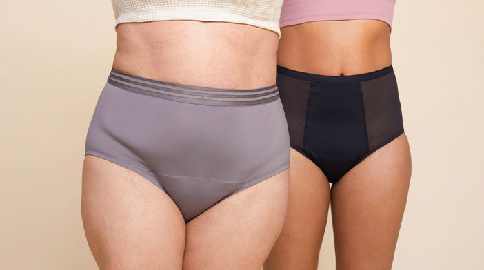 one thinx model in purple period underwear and another model in black period underwear