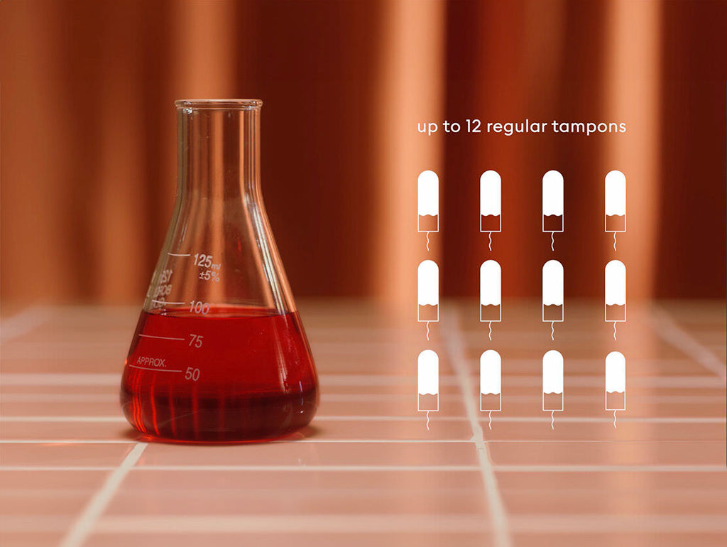 glass beaker holding red fluid next to 12 tampons