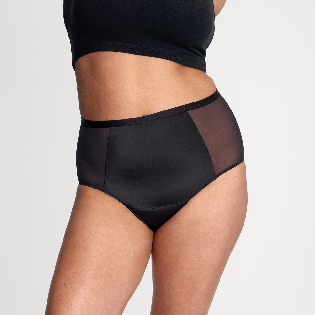 comfort stretch hi-waist black color front side view of underwear